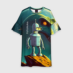 Платье клеш для девочки Бендер на планете динозавров - нейроарт, цвет: 3D-принт