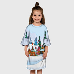 Платье клеш для девочки Новогодник дворик, цвет: 3D-принт — фото 2