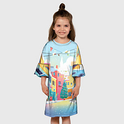 Платье клеш для девочки Разноцветный новогодний дворик, цвет: 3D-принт — фото 2