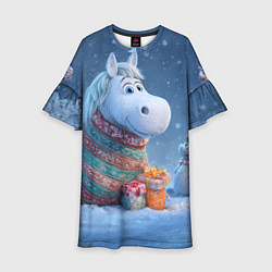 Платье клеш для девочки Новогодняя лошадь с подарками, цвет: 3D-принт