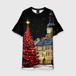 Платье клеш для девочки Красная новогодняя елка, цвет: 3D-принт