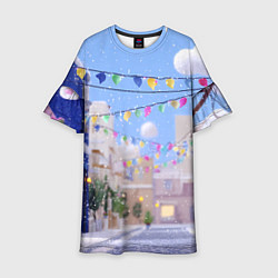 Платье клеш для девочки Предновогодний праздничный дворик, цвет: 3D-принт