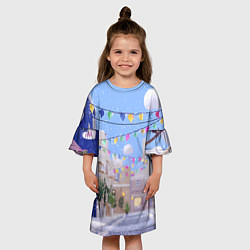 Платье клеш для девочки Предновогодний праздничный дворик, цвет: 3D-принт — фото 2
