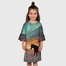 Платье клеш для девочки Лошадь на фоне северного сиянми, цвет: 3D-принт — фото 2