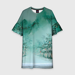 Платье клеш для девочки Новогодняя туманная улица, цвет: 3D-принт