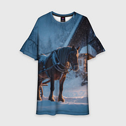 Платье клеш для девочки Лошадь у избы, цвет: 3D-принт