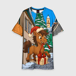 Платье клеш для девочки Лошадка распаковывает новогодний подарок, цвет: 3D-принт