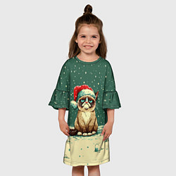 Платье клеш для девочки Печальный Новогодний мем кот, цвет: 3D-принт — фото 2