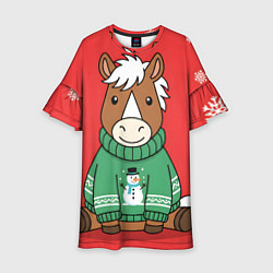 Детское платье Новогодняя лошадка в зеленом свитере