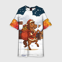 Платье клеш для девочки Новогодняя лошадка с мешком подарков, цвет: 3D-принт