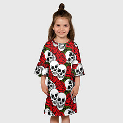 Платье клеш для девочки Черепа в розах, цвет: 3D-принт — фото 2