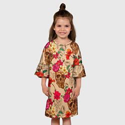 Платье клеш для девочки Черепа в цветах, цвет: 3D-принт — фото 2