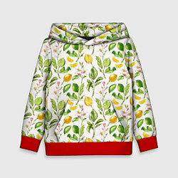 Толстовка-худи детская Летний узор лимон ветки листья, цвет: 3D-красный