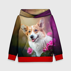 Толстовка-худи детская Корги в розовом кусте, цвет: 3D-красный