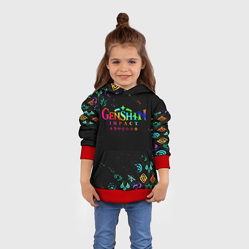 Детская толстовка GENSHIN IMPACT NEON LOGO RAINBOW STYLE, ЭМБЛЕМЫ / 3D-Красный – фото 4