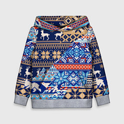 Толстовка-худи детская НОВОГОДНИЙ УЗОР ОЛЕНИ И МЕДВЕДИ НОВЫЙ ГОД 2022, цвет: 3D-меланж