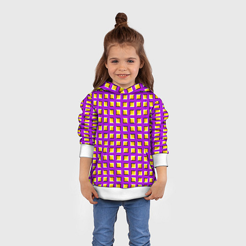 Детская толстовка Фиолетовый Фон с Желтыми Квадратами Иллюзия Движен / 3D-Белый – фото 4