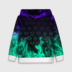 Толстовка-худи детская НЕОНОВЫЙ ОГОНЬ ГЕНШИН ИМПАКТ СИМВОЛЫ, цвет: 3D-белый