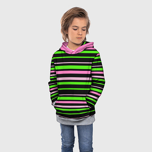 Детская толстовка Полосаты узор в зелено-розовых оттенках на черном / 3D-Меланж – фото 3