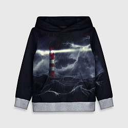 Толстовка-худи детская Маяк и штормовое море в ночи, цвет: 3D-меланж
