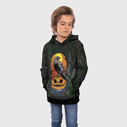 Детская толстовка Ворон, сидящий на тыкве - Halloween / 3D-Черный – фото 3