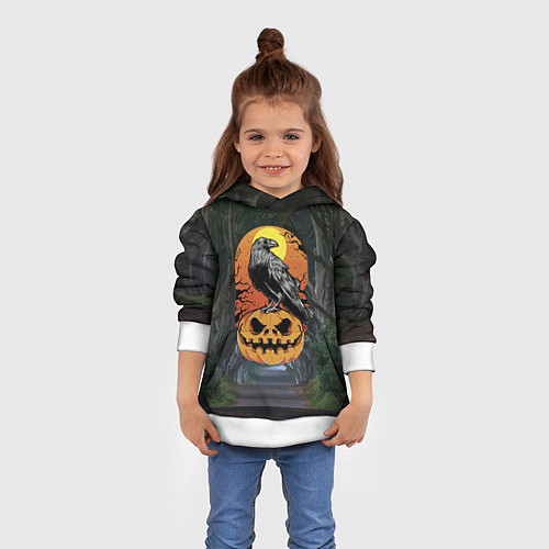 Детская толстовка Ворон, сидящий на тыкве - Halloween / 3D-Белый – фото 4