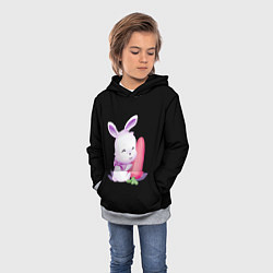 Толстовка-худи детская Крольчонок с большой морковкой на чёрном фоне, цвет: 3D-меланж — фото 2