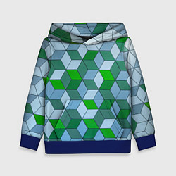 Толстовка-худи детская Зелёные и серые абстрактные кубы с оптической иллю, цвет: 3D-синий
