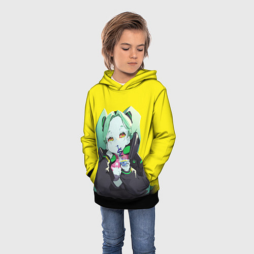 Детская толстовка Ребекка пьет коктель - Cyberpunk / 3D-Черный – фото 3