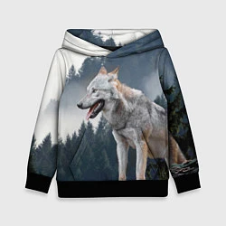 Толстовка-худи детская Волк на фоне леса, цвет: 3D-черный