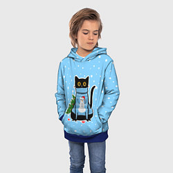 Толстовка-худи детская Котик в свитере под снегопадом - синий, цвет: 3D-синий — фото 2