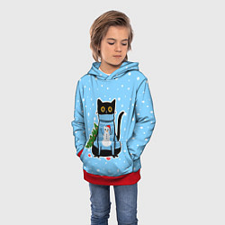 Толстовка-худи детская Котик в свитере под снегопадом - синий, цвет: 3D-красный — фото 2
