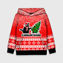 Толстовка-худи детская С новым годом - котик и ёлка, цвет: 3D-черный