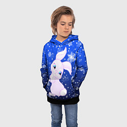 Толстовка-худи детская Кролик на фоне снежинок, цвет: 3D-черный — фото 2