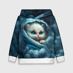 Толстовка-худи детская Котик в одеяльце в облаках, цвет: 3D-белый