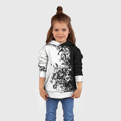 Детская толстовка Черно-белая птица среди узорчатых цветов / 3D-Белый – фото 4