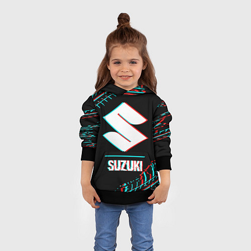 Детская толстовка Значок Suzuki в стиле glitch на темном фоне / 3D-Черный – фото 4