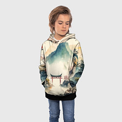 Толстовка-худи детская Японский пейзаж - акварель, цвет: 3D-черный — фото 2