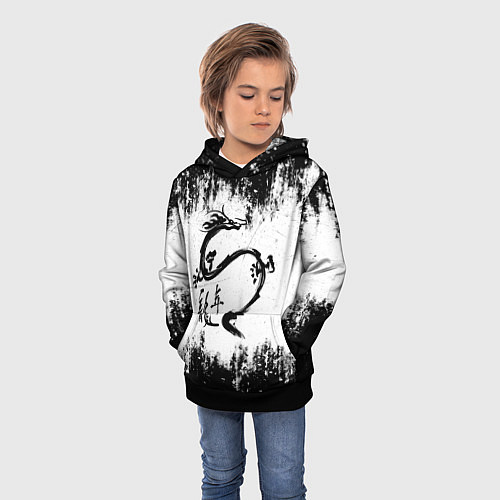 Детская толстовка Японский дракон с иероглифами / 3D-Черный – фото 3