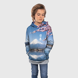 Толстовка-худи детская Цветущая сакура на фоне Фудзиямы - Япония, цвет: 3D-меланж — фото 2