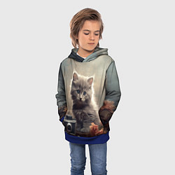 Толстовка-худи детская Серый котенок, винтажное фото, цвет: 3D-синий — фото 2
