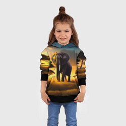 Толстовка-худи детская Слон и рассвет в саванне, цвет: 3D-черный — фото 2