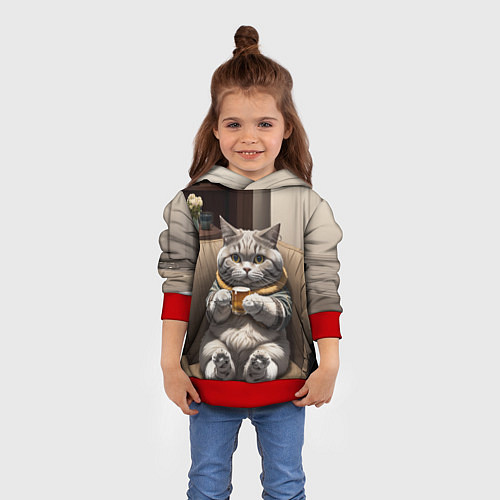 Детская толстовка Кот сидит на диване с напитком / 3D-Красный – фото 4