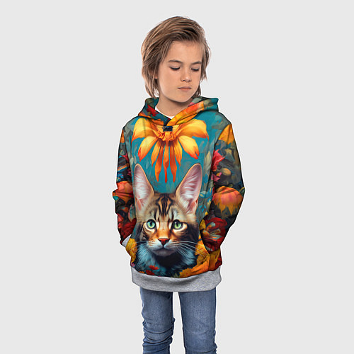 Детская толстовка Дикая кошка в цветах / 3D-Меланж – фото 3
