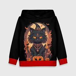 Толстовка-худи детская Черный кот в хеллоуине, цвет: 3D-красный