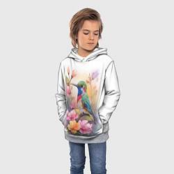Толстовка-худи детская Колибри и цветы - акварель, цвет: 3D-меланж — фото 2
