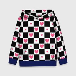 Толстовка-худи детская Розовые сердечки на фоне шахматной черно-белой дос, цвет: 3D-синий