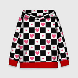 Детская толстовка Розовые сердечки на фоне шахматной черно-белой дос