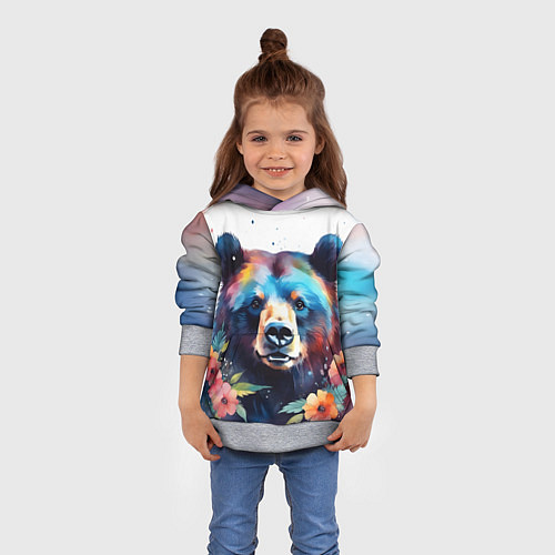 Детская толстовка Портрет медведя гризли с цветами акварелью / 3D-Меланж – фото 4