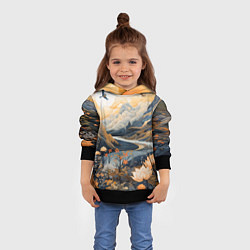 Толстовка-худи детская Солнечное утро в цветущих горах, цвет: 3D-черный — фото 2